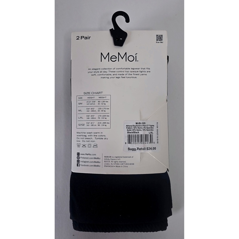 MeMoi 2 Pack Black Opaque Tights Athena Key Pattern Control Top L/XL MJB-105 - Picture 4 of 6